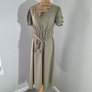 SHEIN Olive Midi Dress with Ruffled Sleeves